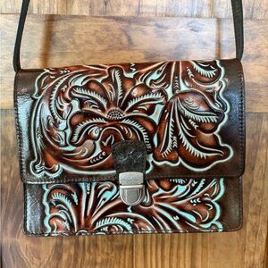 Patricia Nash Brown Turquoise Tooled Leather Crossbody Bag